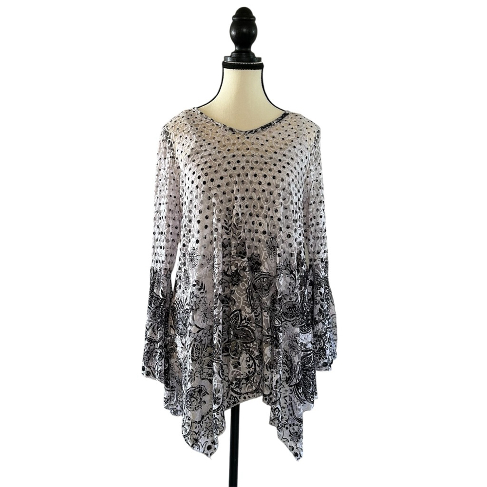 Papa Vancouver Lightweight Lace Tunic Flowy White Black Floral/Polka Dots